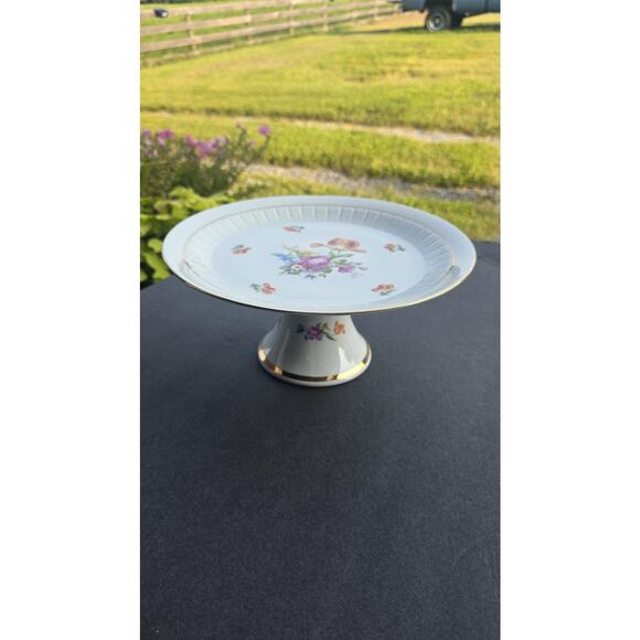 Vintage Henneberg Porzellan Pedestal Cake Plate Floral Gold Trim GDR Germany 11" - Picture 1 of 8